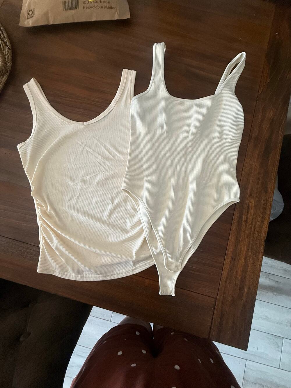 Lot of 2 Ivory Cream Ribbed Bodysuit Ruched Tank Tops Bundle Waist Snatching